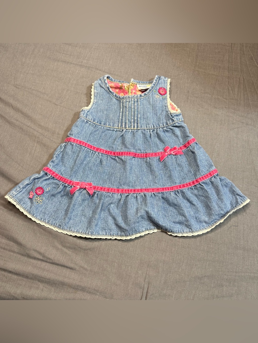 Sleeveless Denim Girls Dress with Pink Trim